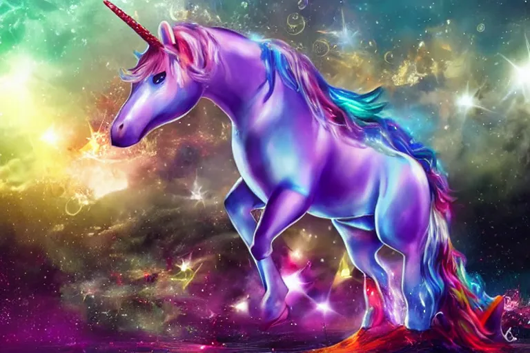 Image similar to cheesy unicorn impales man on bloody horn, airbrush, sparkles, dynamic lighting