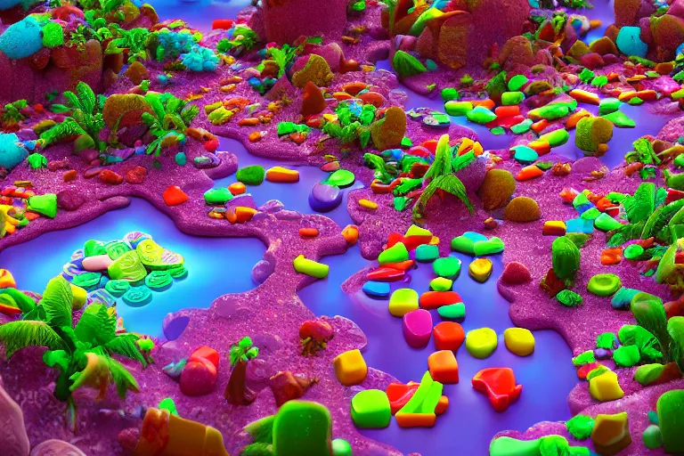 Image similar to desert oasis made of gummy candy, 8 5 mm bright - light photography, hyper detailed octane render, trending on art station