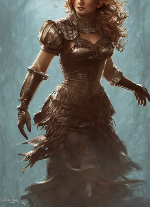 Image similar to beautiful female dorothy gale, rebecca romijn as dorothy, full body character concept, covered in full leather armor, armor plating, art nouveau, super powers, fantasy, intricate, elegant, highly detailed, digital painting, artstation, concept art, shining, sharp focus, illustration, art by stanley lau