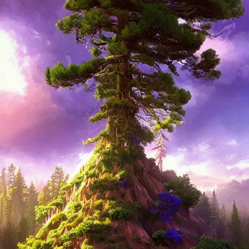 Image similar to solace, peaceful clouds, beautiful, old growth pine trees in a utopic spiritual city with temples, overlaid sacred geometry, with implied lines, gradient of purple and blue, mystical realistic poster with shaded lighting by craig mallismo, artgerm, jeremy lipkin and michael garmash, radiant light, detailed and complex environment