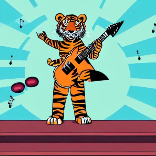 Prompt: A heavy metal tiger standing on a rooftop while singing and jamming on an electric guitar under a spotlight. anime illustration