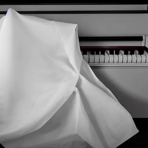 Image similar to upright piano covered in a white sheet, award winning photo, studio lightning