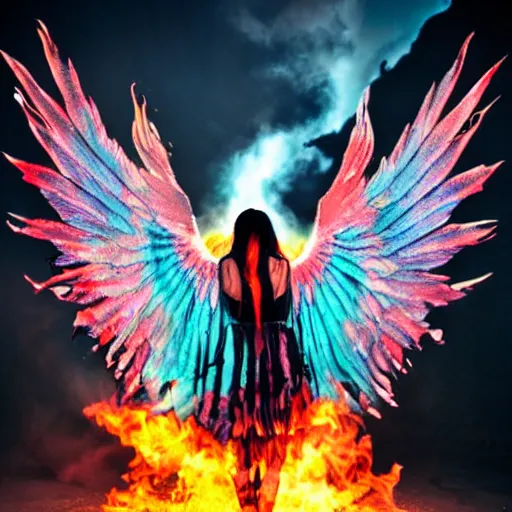 Image similar to a demon with huge nacreous fire wings