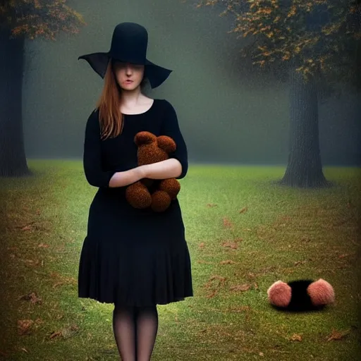 Image similar to a girl standing in a park, alone, wearing black dress and hat, holding teddy bear, detailed hands, by andrea kowch, dark, scene, magic realism