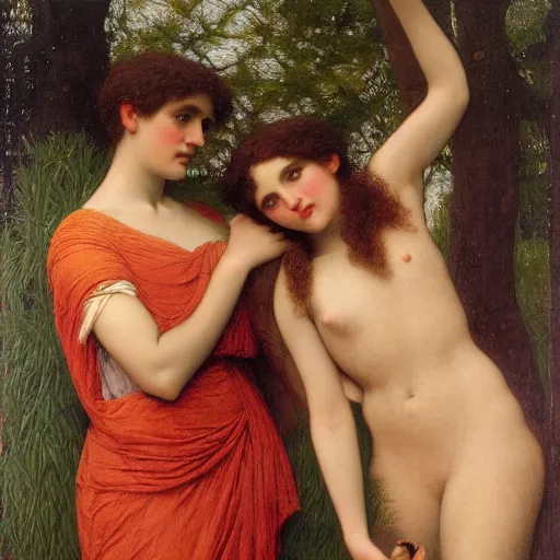 Prompt: Hello there! in the style of Thomas Cooper Gotch, John William Godward, Edgard Maxence, 1895, oil on canvas