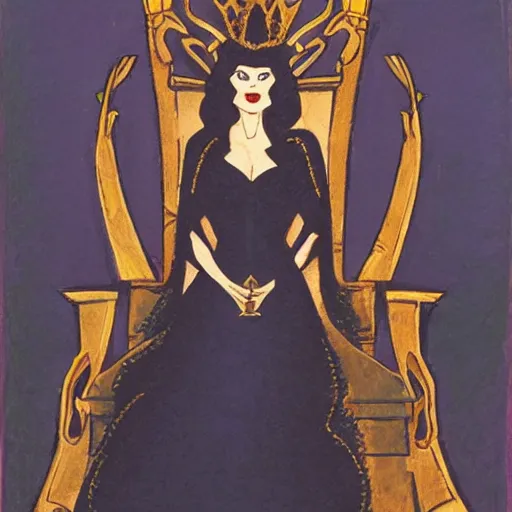 Image similar to portrait of an evil queen, sitting on a throne of swords