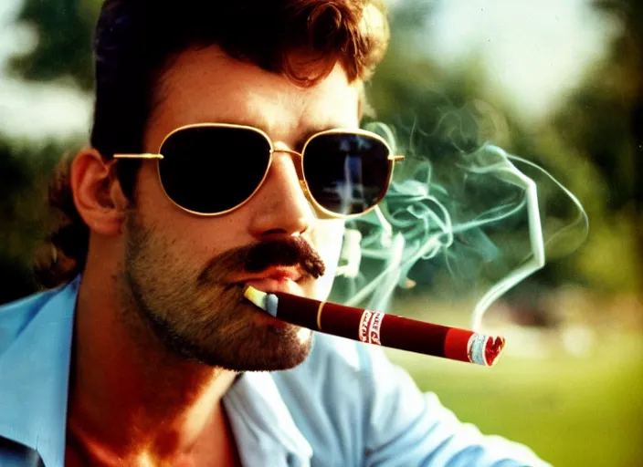 Prompt: color photo. handsome man wearing aviator glasses with reflektion. smoking a cigarette in the 8 0's.