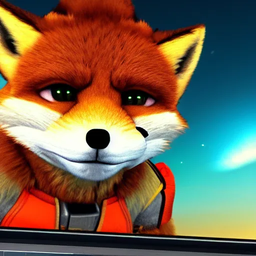 Image similar to high quality photo of star fox, fox mccloud, looking out at the ocean at sunset realism 8k award winning photo