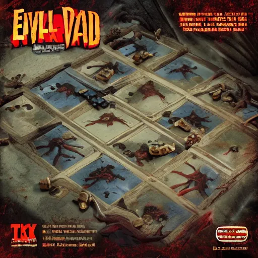 Prompt: evil dead movie, board game, octane render, comic book, isometric, 8 k