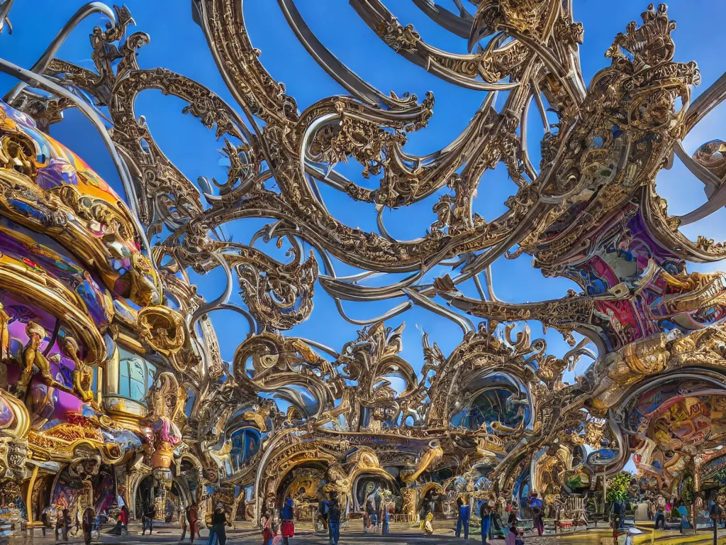 Image similar to a low angle of a busy elaborate ornate outdoor science museum, cinematic, shadows, 4 k, detailed, by zaha hadid and lisa frank and peter jackson and ridley scott and beeple and greg rutowski