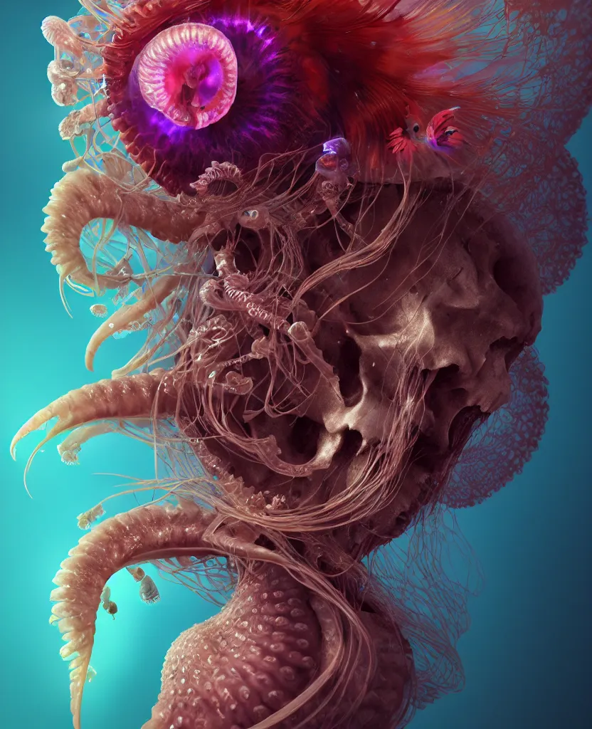 Image similar to goddess close-up portrait animal skull. jellyfish phoenix head, nautilus, orchid, skull, betta fish, bioluminiscent creatures, intricate artwork by Tooth Wu and wlop and beeple. octane render, trending on artstation, greg rutkowski very coherent symmetrical artwork. cinematic, hyper realism, high detail, octane render, 8k