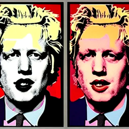 Prompt: epic professional digital painting of boris johnson with messy hair, repeated pattern in marilyn diptych by andy warhol, epic, stunning, gorgeous, much wow, masterpiece.