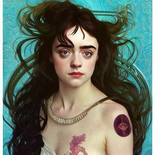 Image similar to a combination of Maisie Williams, Krysten Ritter, Anne Hathaway and Natalia Dwyer Christina Ricci and Lily Collins by Alphonse Mucha, Magali Villeneuve and Livia Prima, trending on artstation, long hair, dark eyes