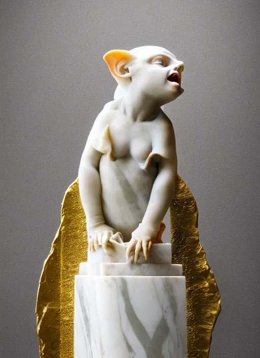 Prompt: marble statue of a vampire bat, cracks filled with gold, beautiful studio lighting