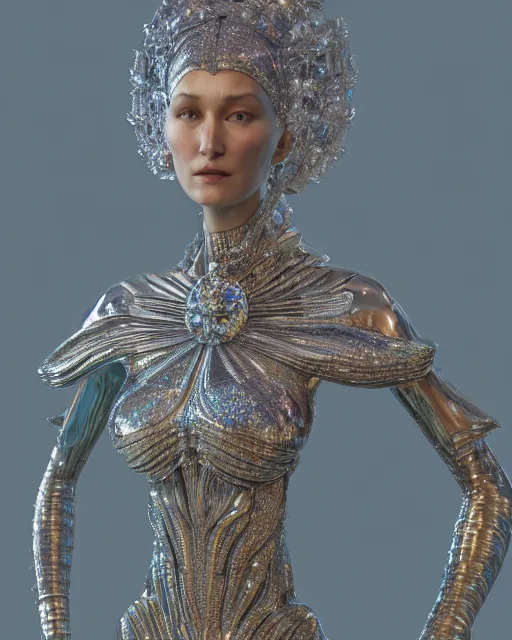 Image similar to a highly detailed metahuman 4 k close up render of an alien goddess bella hadid monument grimes in iris van herpen dress schiaparelli in diamonds crystals swarovski and jewelry iridescent in style of alphonse mucha gustav klimt trending on artstation made in unreal engine 4