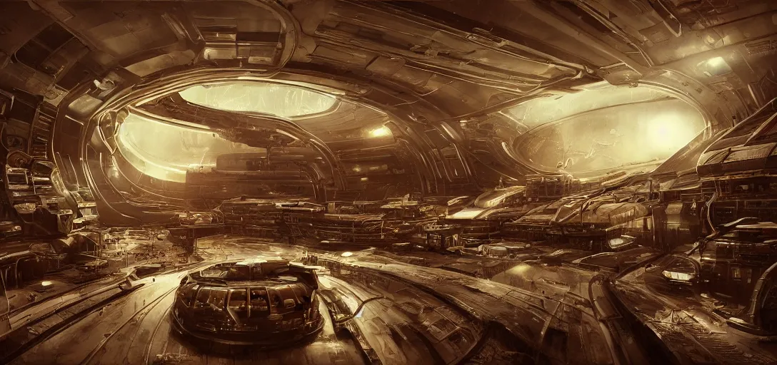 Image similar to realistic cinematic sci - fi mothership interior vintage - machinery, tubes wires path matte painting masterpiece warm tones quiet