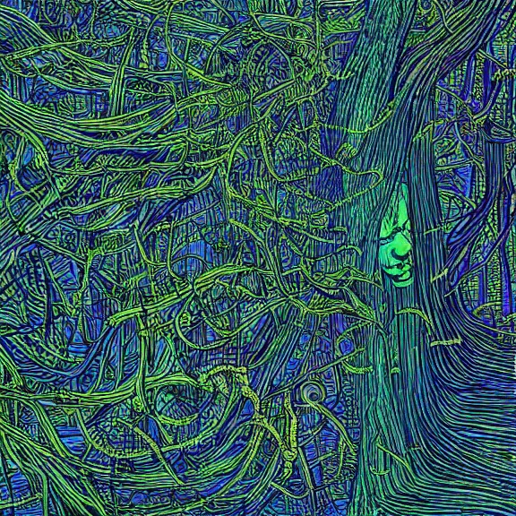 Image similar to poster of a jungle of artificial neural networks and neurons, neurons, highly detailed, in the style of Moebius, Jean Giraud