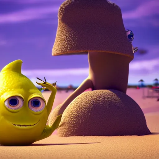 Prompt: 3 d octane render, of a hot anthropomorphic lemon female character inspired by the movie monsters inc, with lemon skin texture, she is wearing a hat, building a sandcastle on the beach at sunset, beach, huge waves, sun, clouds, long violet and green trees, rim light, cinematic photography, professional, sand, sandcastle, volumetric lightening