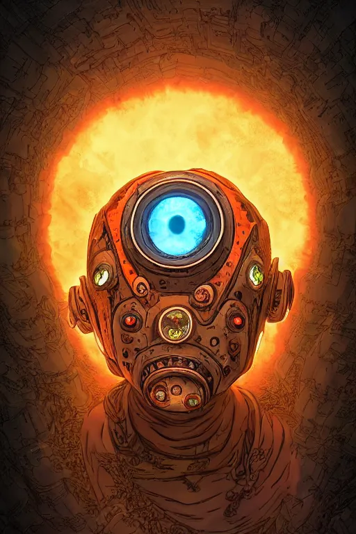 Image similar to tribal vodoo mask eye radiating a glowing aura global illumination ray tracing hdr fanart arstation by ian pesty and katarzyna da „ bek - chmiel that looks like it is from borderlands and by feng zhu and loish and laurie greasley, victo ngai, andreas rocha, john harris wooly hair cut feather stone