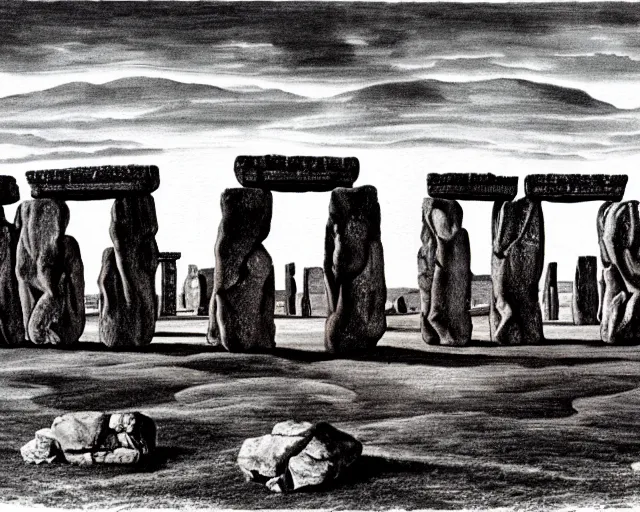 Image similar to painting of Stonehenge by Salvador Dali. several layers of perspective. Many points of view. mind bending illusions of perception