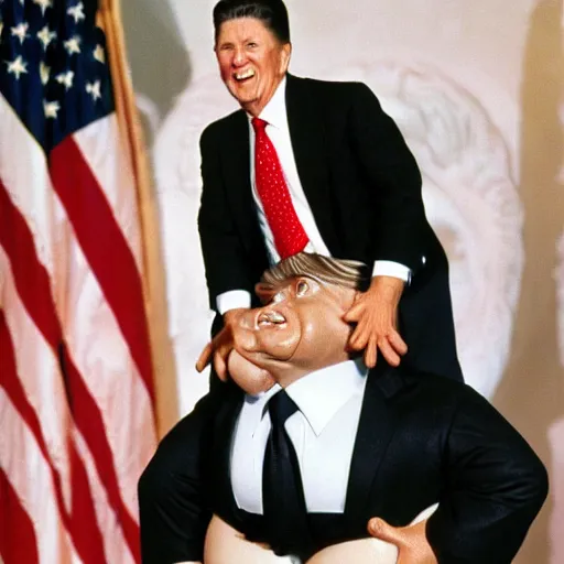 Image similar to dwarf trump getting a piggy - back ride from reagan