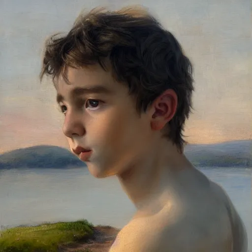 Prompt: in the style of William Whitaker and Goyo Dominguez, a boy stand in the lake, close up, very high details, facial details, Realism painting, 4K ,