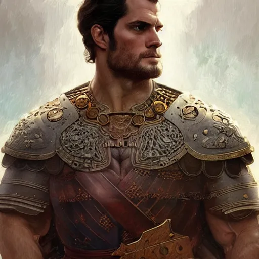 Image similar to Henry Cavill as a warrior, upper body, D&D, muscular, fantasy, intricate, elegant, highly detailed, digital painting, artstation, concept art, smooth, sharp focus, illustration, art by artgerm and greg rutkowski and alphonse mucha