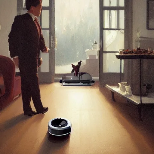 Image similar to A humble roomba butler attempts to serve food to guests at a fancy houseparty, 4k, trending on Artstation, art by Greg Rutkowski