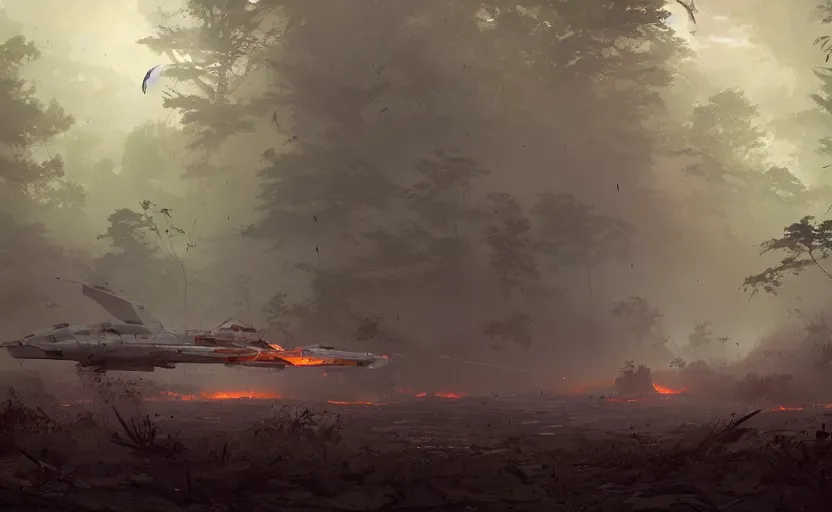 Prompt: one single fighter design spaceship on fire crashed on the ground, on the ground, smoke, smoke, cloudy air, forest, swamp. Atmospheric lighting, overgrowth. By Makoto Shinkai, Stanley Artgerm Lau, WLOP, Rossdraws, James Jean, Andrei Riabovitchev, Marc Simonetti, krenz cushart, Sakimichan, trending on ArtStation, digital art.