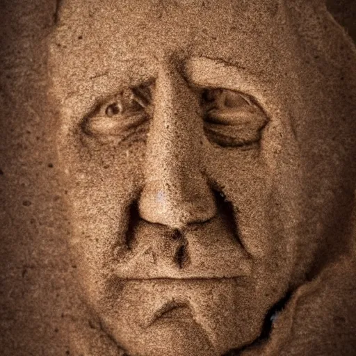 Image similar to the face of a man made from layered natural grain paper, macro photography, ambient light