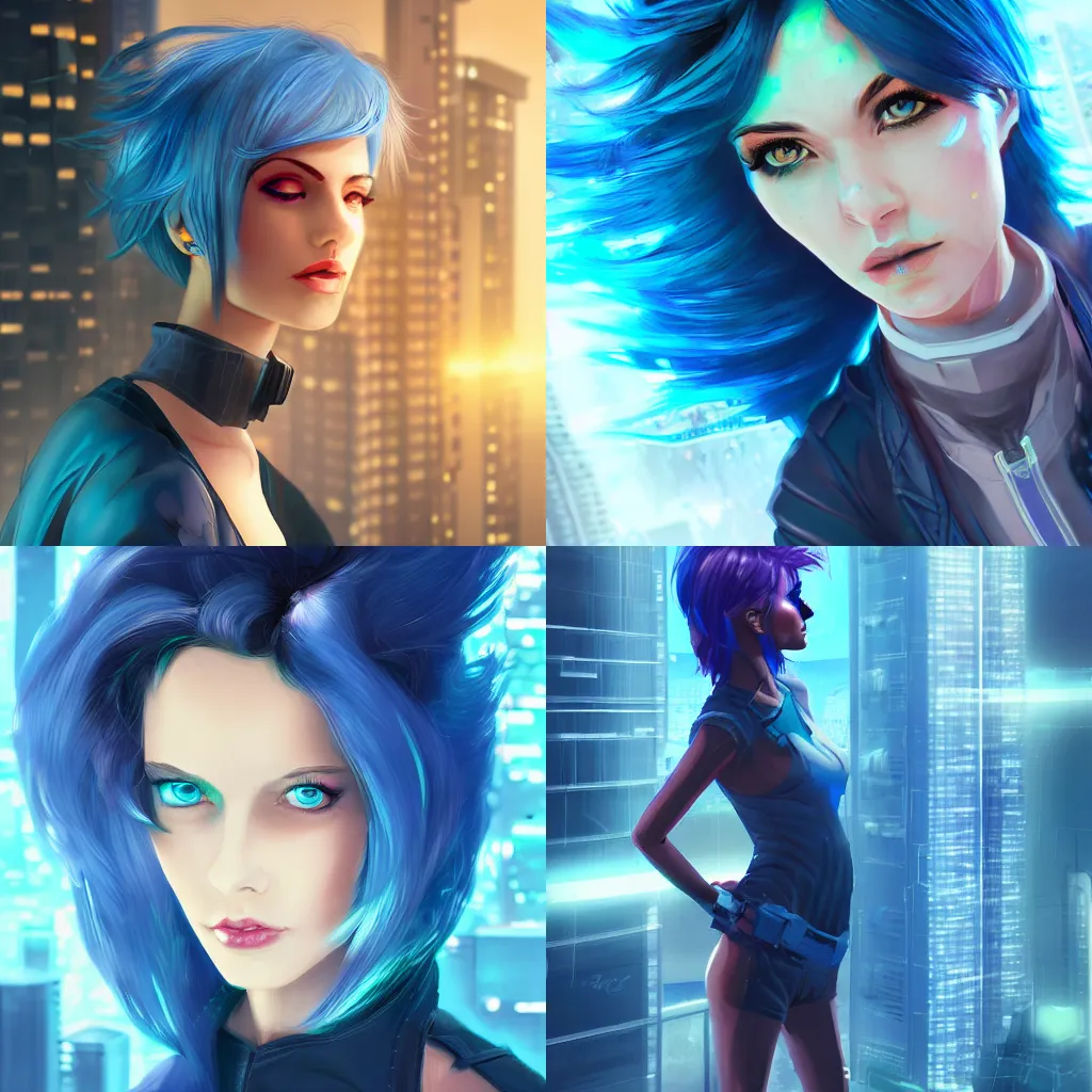 Prompt: an attractive young female on top of the neon skyscraper with strong winds, cyberpunk, illustration, sharp focus, concept art, artstation, digital painting, highly detailed, smooth, blue hair, in the style of Arcane