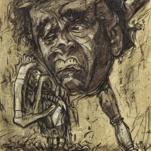 Image similar to Street art. A man with a large head and a small body is floating in the air, his arms and legs flailing. His clothes are tattered and he has a wild look in his eyes. naturalism, crayon by Adolph Menzel doom