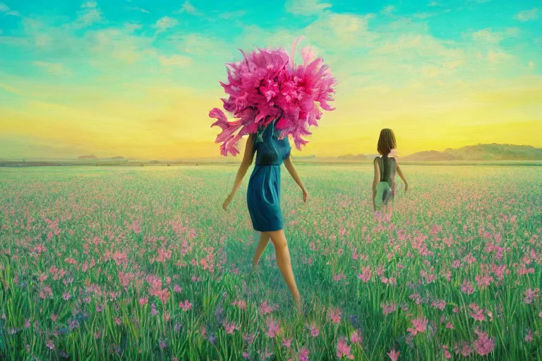 Image similar to giant gladiola head, girl walking in field of flowers, surreal photography, sunrise, blue sky, dramatic light, impressionist painting, digital painting, artstation, simon stalenhag