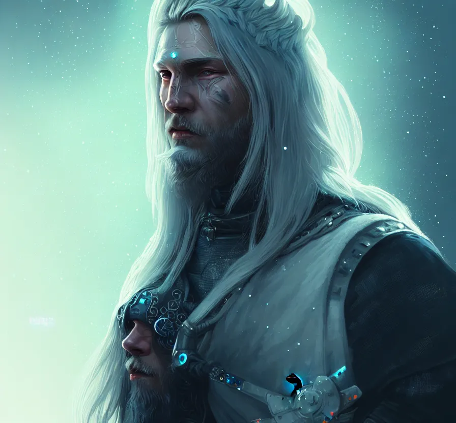 Prompt: cyberpunk viking with white hair, face, sci - fi, constellation geometry, forest background, elegant, highly detailed, digital painting, artstation, concept art, smooth, sharp focus, spiritual art, psychedelic, illustration,