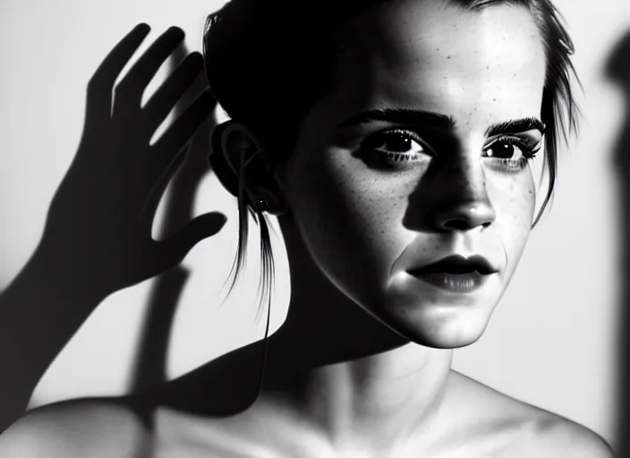 Image similar to mid shot portrait of emma watson in factory, in the style of david bailey, high fashion, id magazine, vogue magazine, surprising, freak show, realistic, sharp focus, 8 k high definition, film photography, photo realistic, insanely detailed, intricate, by david kostic and stanley lau and artgerm