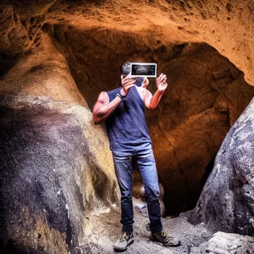 Image similar to “colur photo an homo Neanderthal taking a photo with his iPhone in front of a cave to a fire coocking a bull, photoreal photojournalism, National Geographic style”