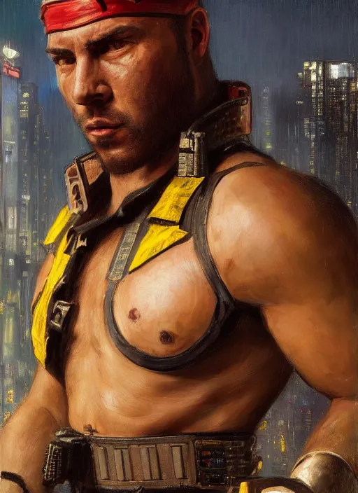 Image similar to big mike. cyberpunk boxer wearing a military vest and combat gear. (Cyberpunk 2077, bladerunner 2049). Round face. Iranian orientalist portrait by john william waterhouse and Edwin Longsden Long and Theodore Ralli and Nasreddine Dinet, oil on canvas. Cinematic, hyper realism, realistic proportions, dramatic lighting, high detail 4k