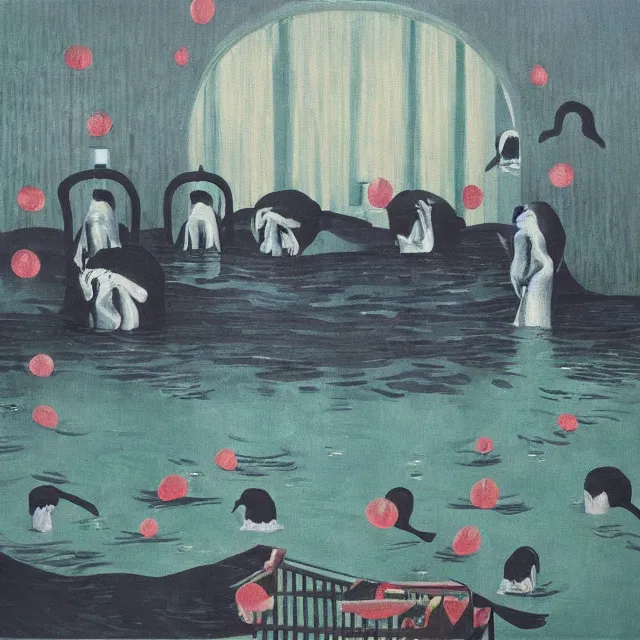 Image similar to painting of flood waters inside an apartment, emo catgirl art student, a river flooding inside, taps with running water, tangelos, zen, pigs, ikebana, water, river, rapids, waterfall, black swans, canoe, pomegranate, berries dripping, acrylic on canvas, surrealist, by magritte and monet