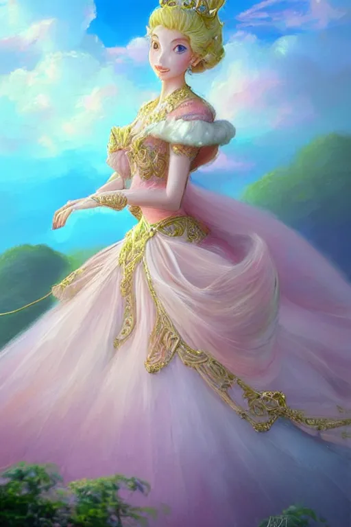 Image similar to portrait of princess peach, fantasy, gradient white pink gold, dreamy and ethereal, green eyes, golden ratio, peaceful expression, ornate frilly dress, fantasy, intricate, elegant, blue skye with clouds on the background, highly detailed, digital painting, artstation, concept art, smooth,b sharp focus, illustration, art by artgerm and greg rutkowski and alphonse mucha