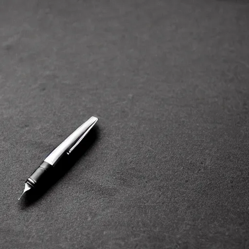 Prompt: A fountain pen lying on an black canvas, leaking ink, award winning photography, black and white, law of thirds