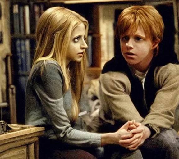 Prompt: a movie still of sarah gellar as buffy speaking to ron weasley in the movie harry potter