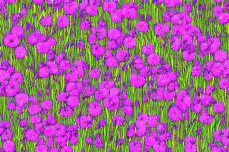 Image similar to in the style of neurographic drawing of a field of flowers