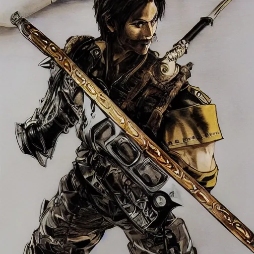 Prompt: portrait of a hero holding his sword in front of his face by yoji shinkawa, high quality, extra details, realism, ornate, colored, golden chain, blood, white skin, short hair, brown eyes, vivid, sunlight, dynamic, american man, freedom, white american soldier, pencil, twins