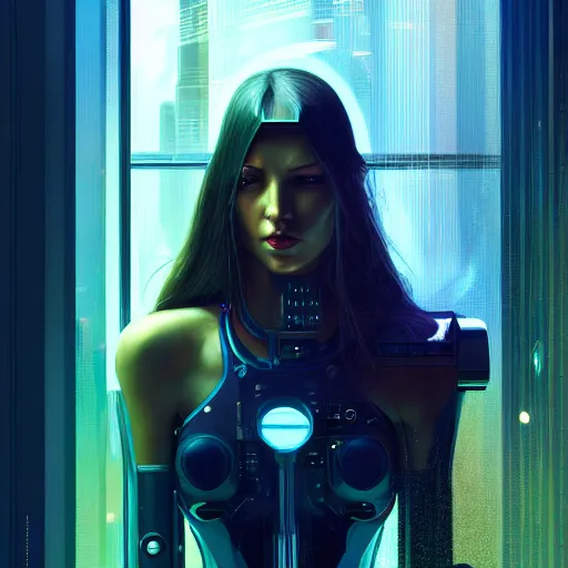 Prompt: portrait of cyberpunk woman looking out of a window, cyberpunk setting, futuristic, highly detailed, intricate lighting, digital painting, sharp focus, illustration, trending on artstation, art by karol bak.