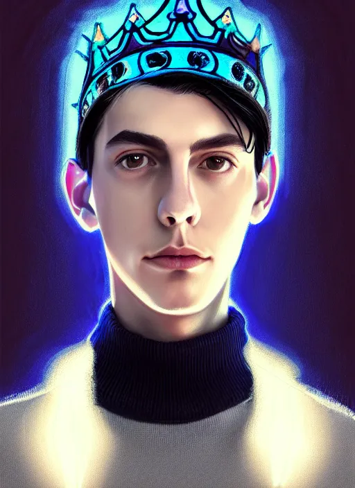 Image similar to portrait of teenage jughead jones wearing a light grey crown, crown, blue turtleneck, closed eyes, photorealistic, black hair, glowing lighting, intricate, elegant, glowing lights, highly detailed, digital painting, artstation, concept art, smooth, sharp focus, illustration, art by wlop, mars ravelo and greg rutkowski