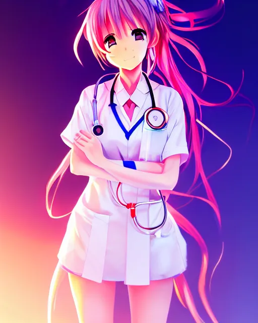 Prompt: anime style, vivid, expressive, full body, 4 k, painting, a cute magical girl with a long wavy hair wearing a nurse outfit, correct proportions, stunning, realistic light and shadow effects, neon lights, studio ghibly makoto shinkai yuji yamaguchi