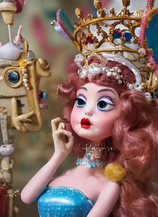 Image similar to closeup face profile portrait of a tin toy fairytale princess wearing a crown eating cakes in the castle, bikini, depth of field, zeiss lens, fashion photoshoot, by nicoletta ceccoli, mark ryden, lostfish, dan decarlo, bob clampett, max fleischer, breathtaking, detailed, hyperrealistic, octane render