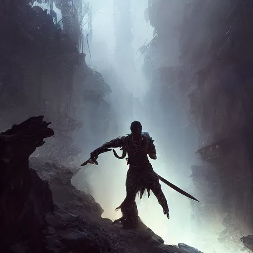 Image similar to a man tripping over a sword and falling, fantasy, digital painting, volumetric light, intricate, sharp, focus, bloom, illustration, highly detailed, concept art, matte, ruan jia, randy vargas, greg rutkowski