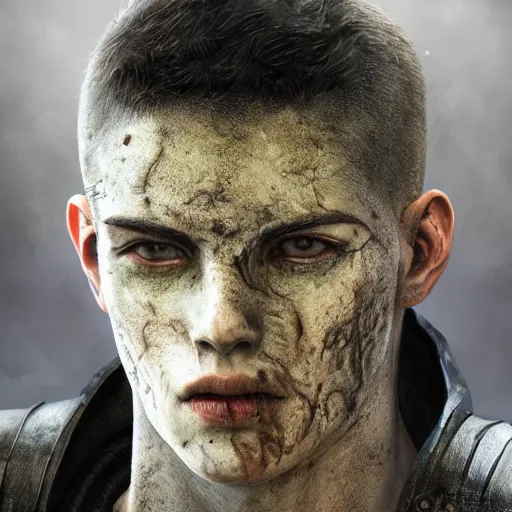 Prompt: portrait painting of a bitter young man with severe burn scars on his face and poorly cut very short hair wearing tattered leather armor, ultra realistic, concept art, intricate details, eerie, highly detailed, photorealistic, octane render, 8 k, unreal engine. art by artgerm and greg rutkowski and charlie bowater and magali villeneuve and alphonse mucha