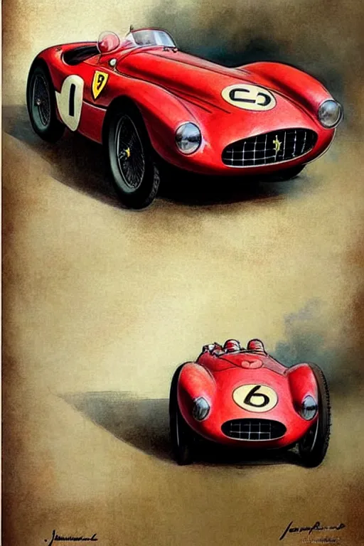 Prompt: (((((1950s racing Ferrari . muted colors.))))) by Jean-Baptiste Monge !!!!!!!!!!!!!!!!!!!!!!!!!!!